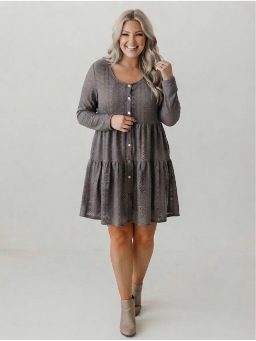 Cupshe Textured Eyelet Babydoll Dress Charcoal Gray Presumed Size M